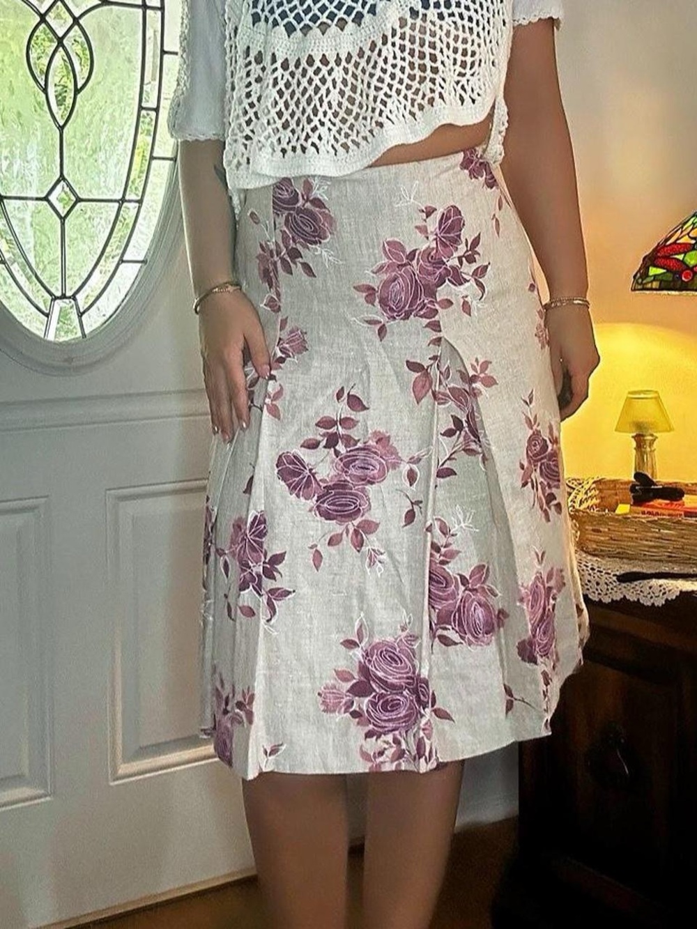 Floral Pleated A-Line Linen-Blend Skirt in Rose